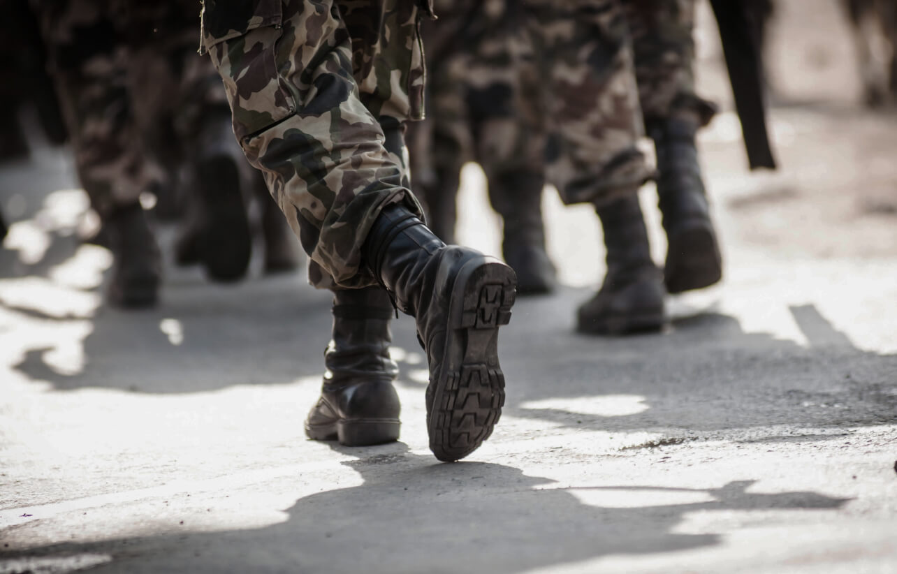 close-up of soldiers marching